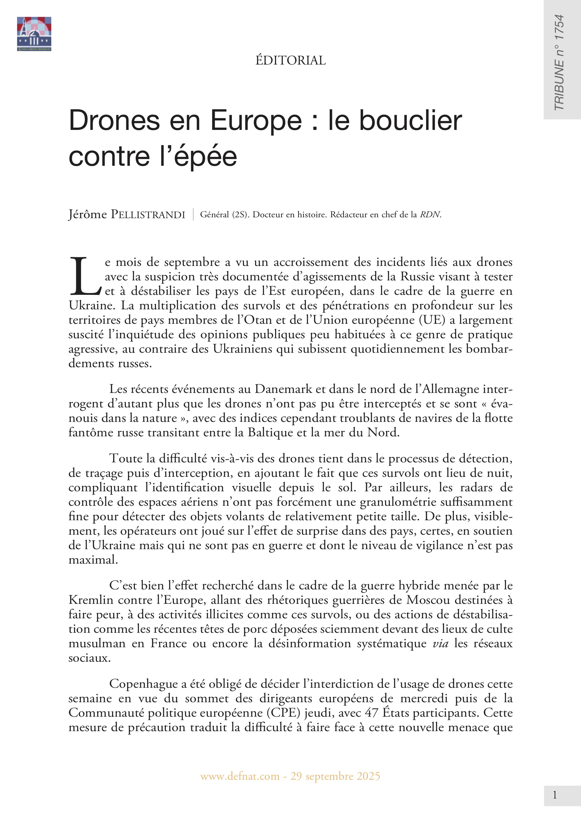 Éditorial – Drones en Europe : le bouclier contre l’épée (T 1754)

